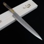 Japanisches Sujihiki Messer - TAKESHI SAJI - Blauer Stahl No.2 Damast - Farbig - Brauner Hirschhorngriff - Größe: 27cm