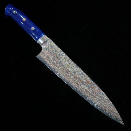 Japanisches Kochmesser gyuto- TAKESHI SAJI - Rostfreier VG-10 Damast - Farbig -blaues Acryl- Größe:21/24cm