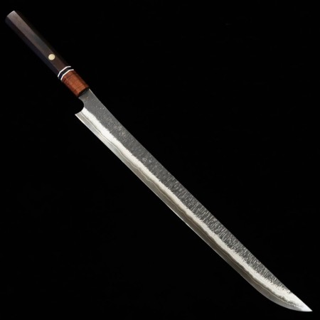 Japanese Sakimaru Sujihiki Knife - NIGARA - Coreless steel - Kurouchi - Hammered - Ebony wood handle - Size : 45cm