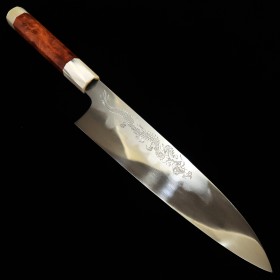 Japanese Chef Knife Gyuto - MIZUNO TANRENJO - Mirrored Finish - Engraved with a Dragon - Quince handle - size: 24cm