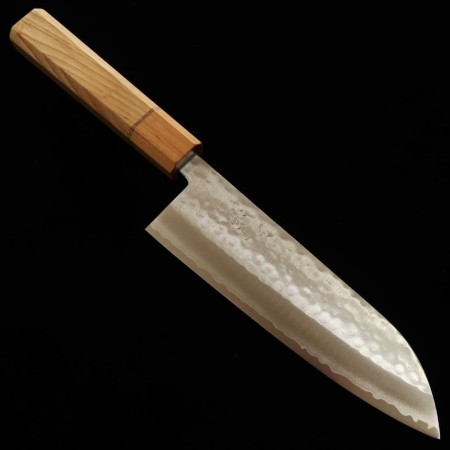 Japanese Santoku Knife - MIURA - Samidare - V1 - Hammered - Brown ash handle - size: 17cm