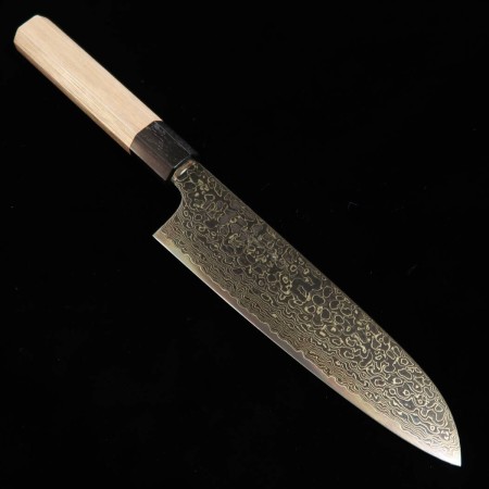 Japanese Santoku knife - KAGEKIYO - Stainless ZA-18 - Black damascu - Walnut wood handle - Size : 18cm
