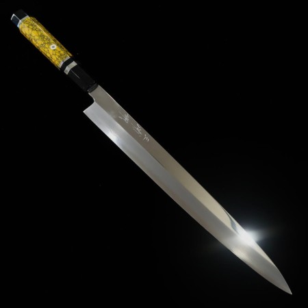 Japanese yanagiba knife - MIURA Obidama - VG10 - Mirrored - Stabilized wood handle - Yellow - Size:30cm