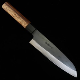 Japanese Santoku knife - HIDARI YORIMITSU - Blue carbon steel No.1 - Kurouchi - Ironwood handle - size: 16.5cm