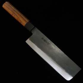 Japanese Nakiri knife - HIDARI YORIMITSU - Blue carbon steel No.1 - Kurouchi - Ironwood handle - size: 18cm