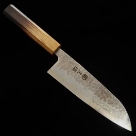 Japanese Santoku Knife - MIURA - Silver3/Ginsan - White Damascus - Charred lacquer technique handle - size: 16.5cm