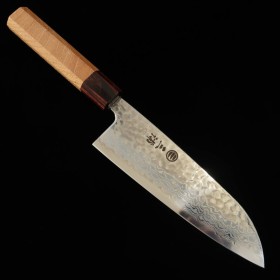 Japanese Santoku Knife - MIURA - Silver3/Ginsan - White Damascus - Zelkova wood handle - size: 16.5cm