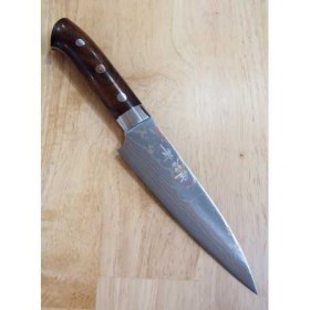 Japanese Petty Knife - TAKESHI SAJI - Blue Steel No.2 Damascus - Colored - Ironwood Handle - Size: 13.5/15cm